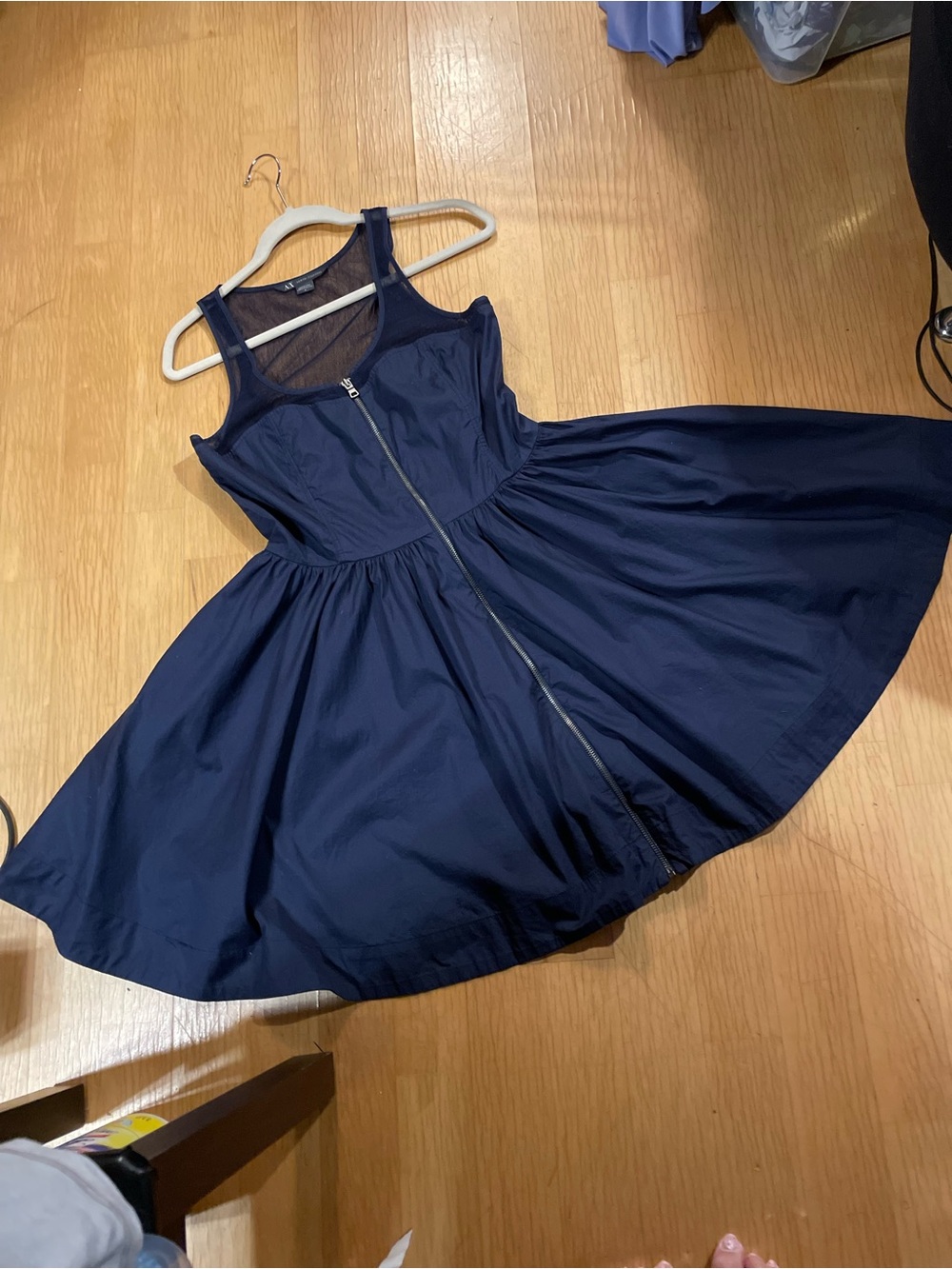 Armani Exchange Navy Mesh Yoke Fit-and-Flare Midi Dress